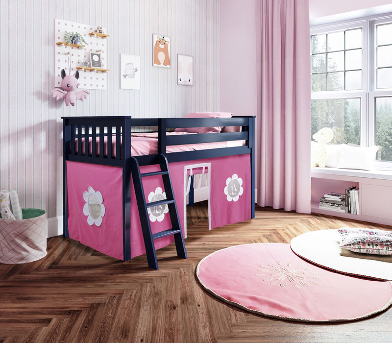 Jackpot Kids York 1 Twin Low Loft Bed with Pink & White Play Curtain