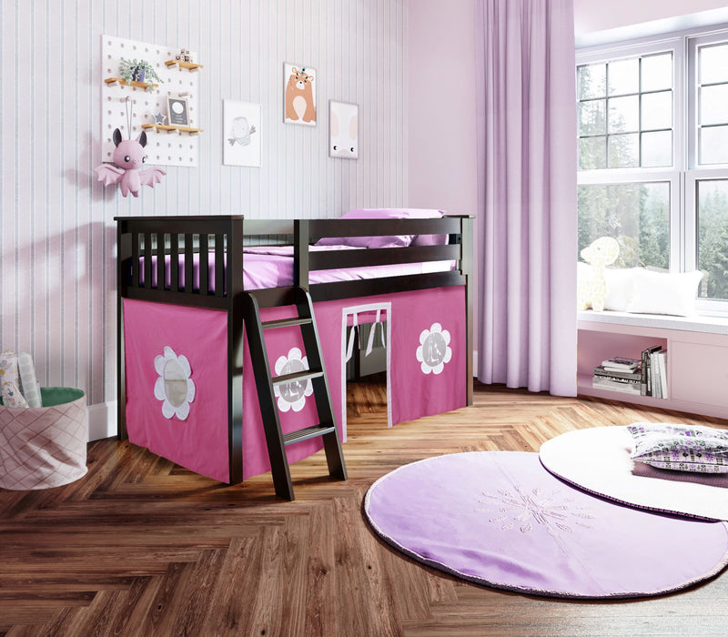 Jackpot Kids York 1 Twin Low Loft Bed with Pink & White Play Curtain