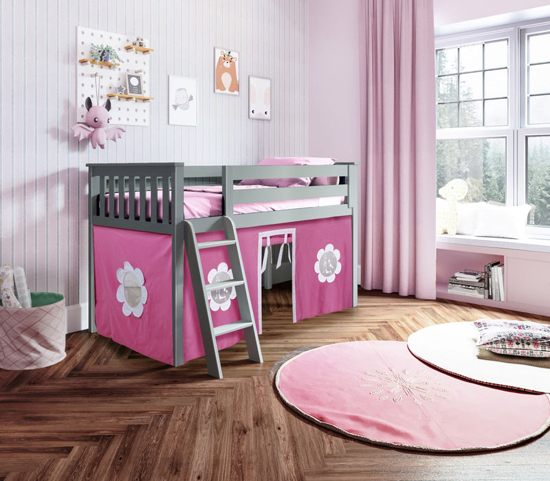 Jackpot Kids York 1 Twin Low Loft Bed with Pink & White Play Curtain