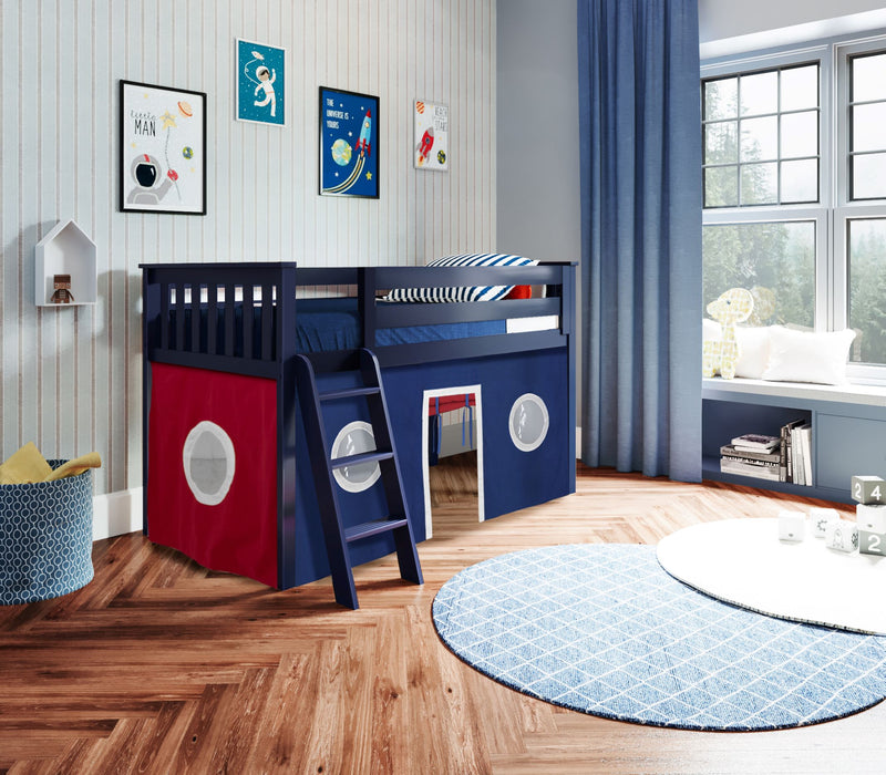 Jackpot Kids York 2 Twin Low Loft Bed with Red & Blue Play Curtain
