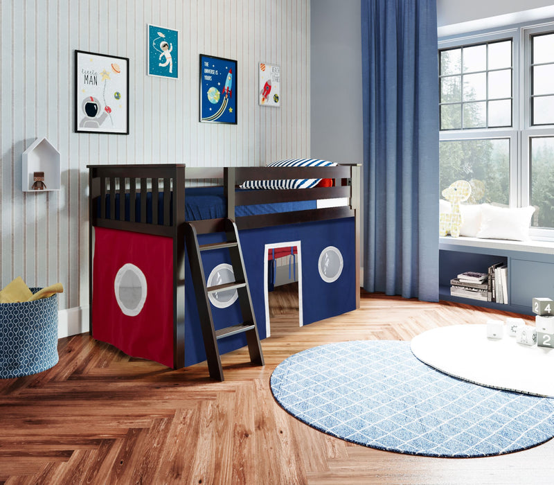 Jackpot Kids York 2 Twin Low Loft Bed with Red & Blue Play Curtain