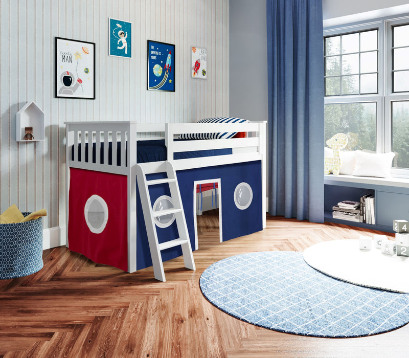 Jackpot Kids York 2 Twin Low Loft Bed with Red & Blue Play Curtain