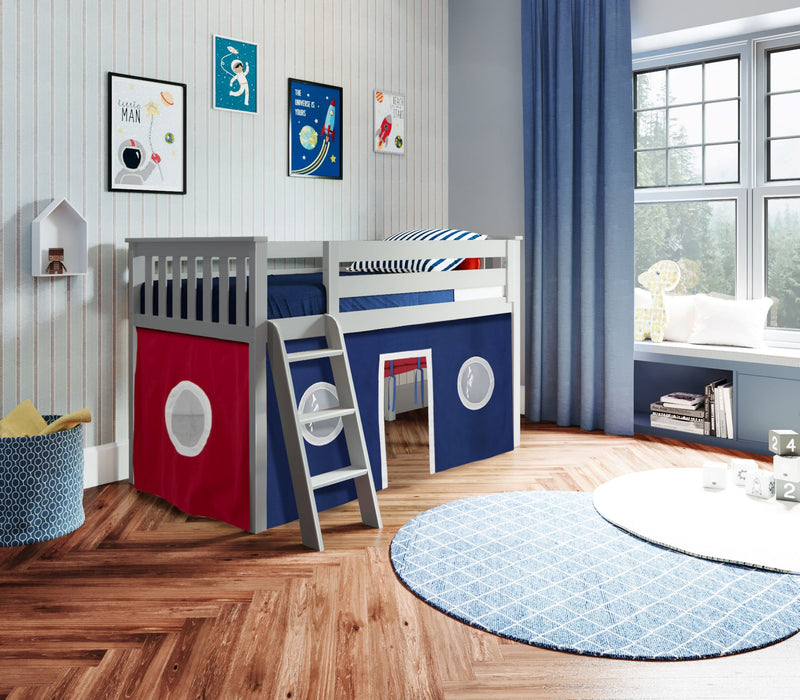 Jackpot Kids York 2 Twin Low Loft Bed with Red & Blue Play Curtain