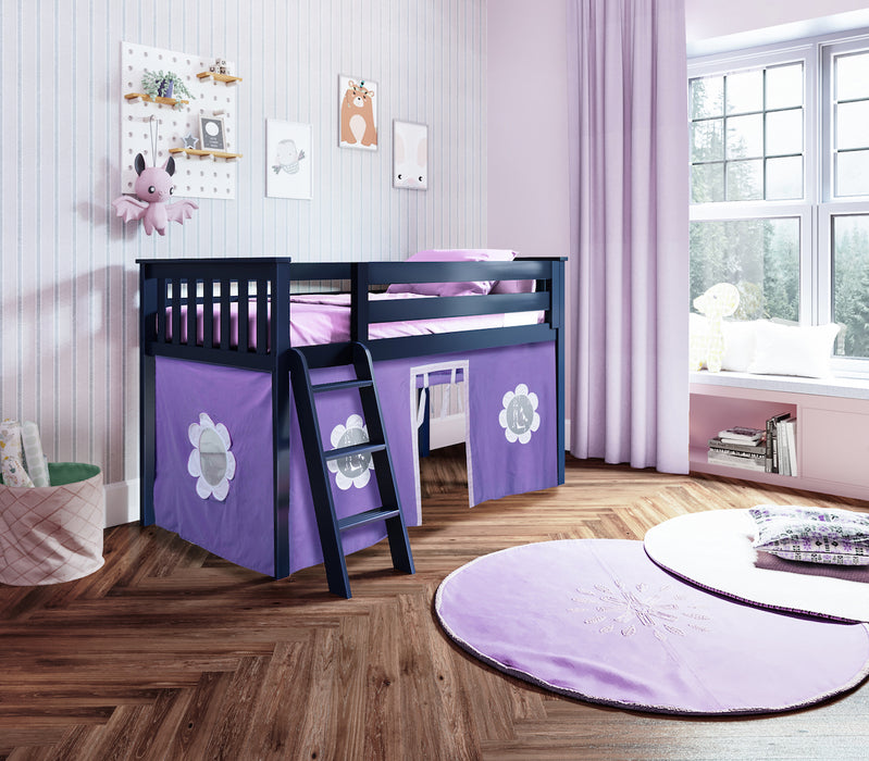 Jackpot Kids York 3 Twin Low Loft Bed with Purple & White Play Curtain