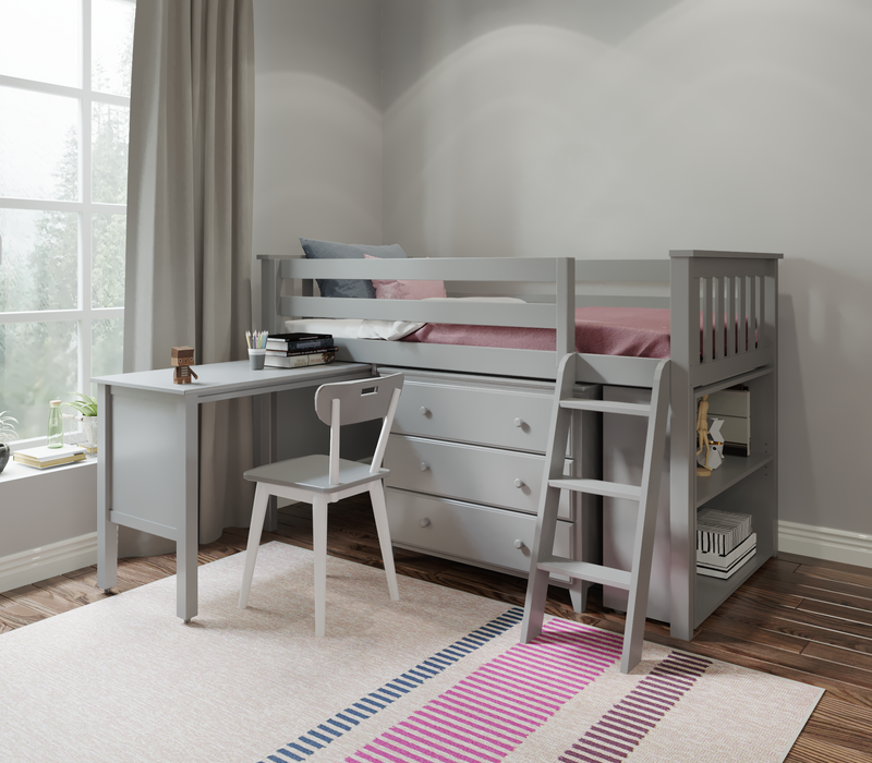 Jackpot Kids Windsor 2 Twin Low Loft Bed with Dresser, Bookcase & Pull-Out Desk