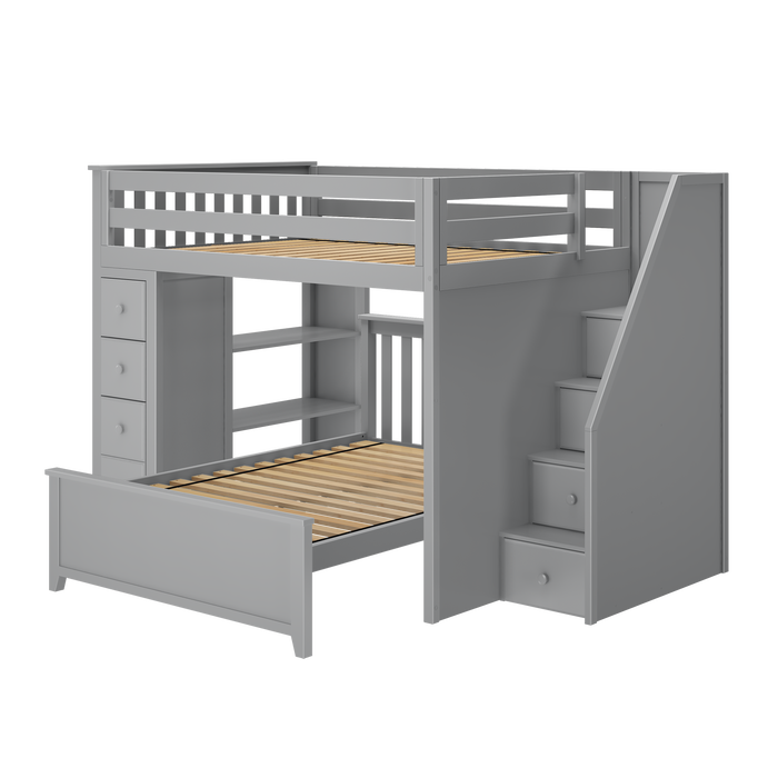 Jackpot Kids Cheltenham 1 All-In-One Full Loft Bed with Staircase, Storage & Lower Full Bed