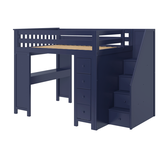 Jackpot Kids Buxton 3 All-In-One Full Loft Bed with Staircase, Desk & Storage