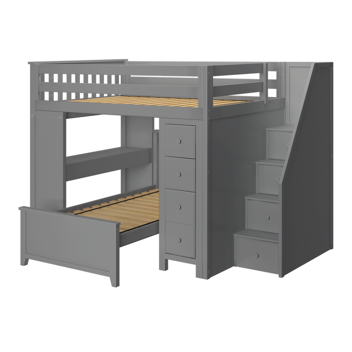 Jackpot Kids Buxton 4 All-In-One Full Loft Bed with Staircase, Desk, Storage & Lower Twin Bed