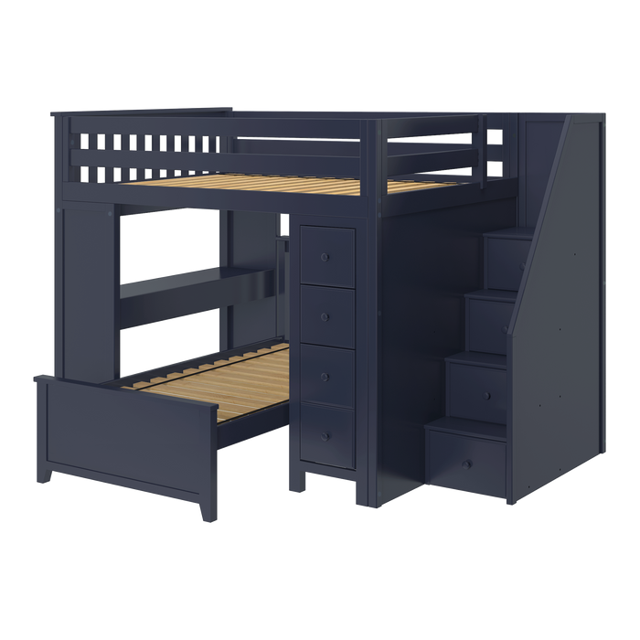 Jackpot Kids Buxton 4 All-In-One Full Loft Bed with Staircase, Desk, Storage & Lower Twin Bed