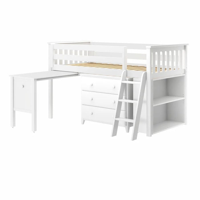Jackpot Kids Windsor 2 Twin Low Loft Bed with Dresser, Bookcase & Pull-Out Desk