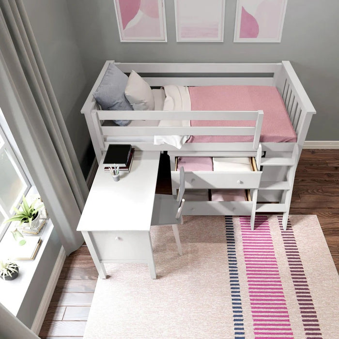 Jackpot Kids Windsor 2 Twin Low Loft Bed with Dresser, Bookcase & Pull-Out Desk
