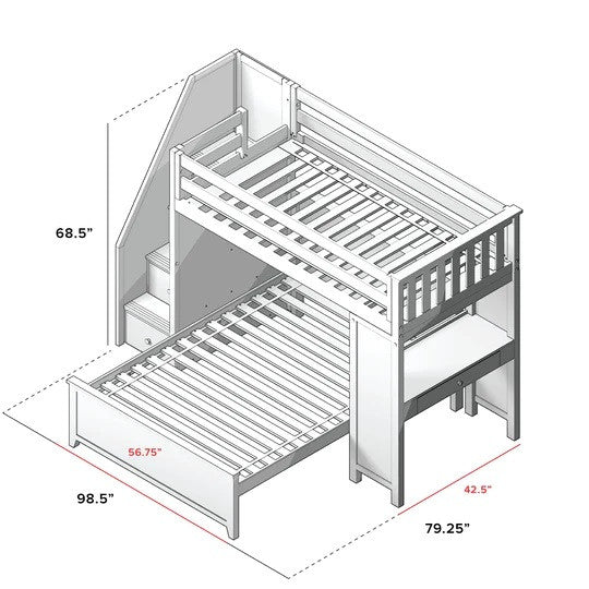 Jackpot Kids Brighton 1 All-In-One Twin Loft Bed with Staircase, Desk & Full Bed