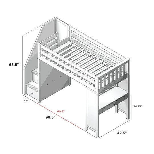 Jackpot Kids Brighton All-In-One Twin Loft Bed with Staircase and Study Desk