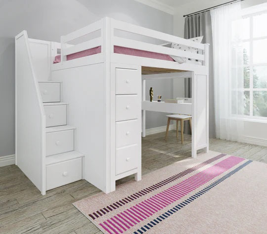 Jackpot Kids Buxton 3 All-In-One Full Loft Bed with Staircase, Desk & Storage