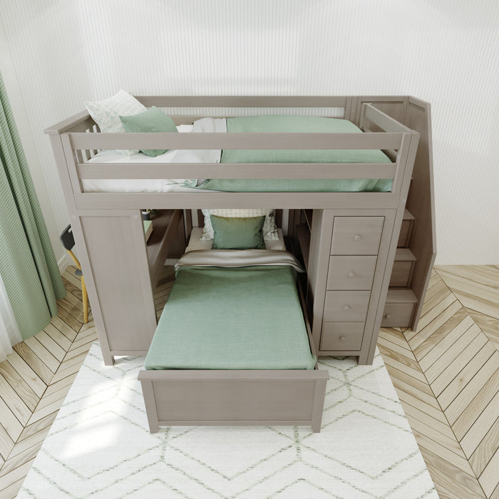 Jackpot Kids Buxton 4 All-In-One Full Loft Bed with Staircase, Desk, Storage & Lower Twin Bed