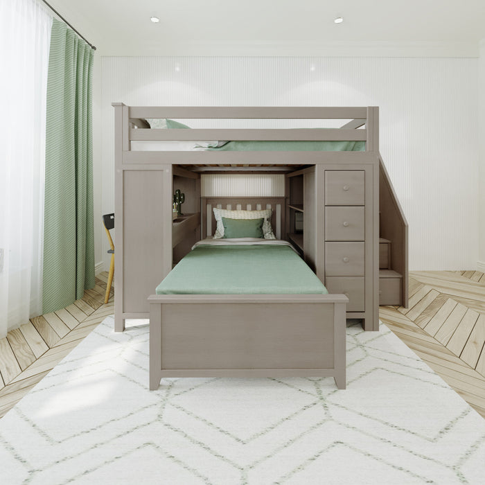 Jackpot Kids Buxton 4 All-In-One Full Loft Bed with Staircase, Desk, Storage & Lower Twin Bed