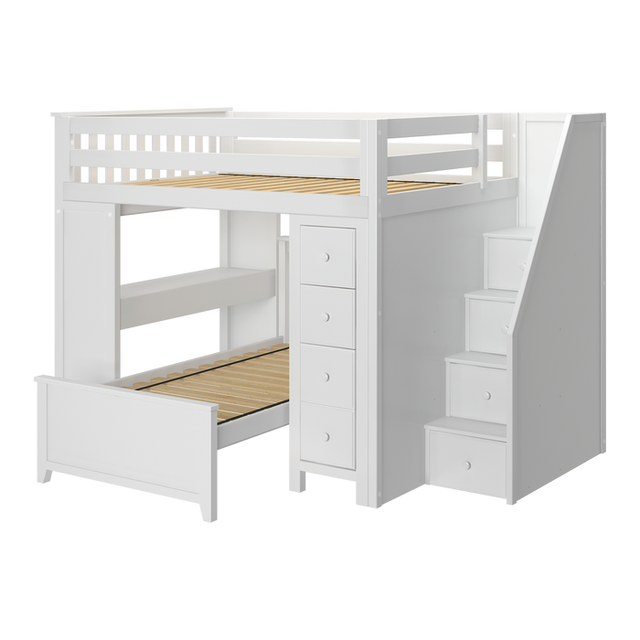 Jackpot Kids Buxton 4 All-In-One Full Loft Bed with Staircase, Desk, Storage & Lower Twin Bed