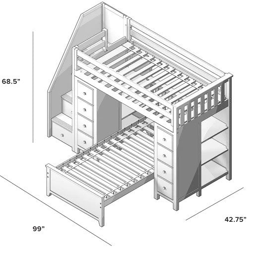Jackpot Kids Chester 2 All-In-One Twin Loft Bed with Double Storage Towers & Twin Lower Bed