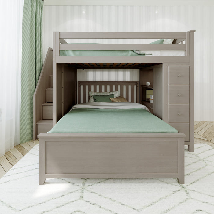 Jackpot Kids Cheltenham 1 All-In-One Full Loft Bed with Staircase, Storage & Lower Full Bed