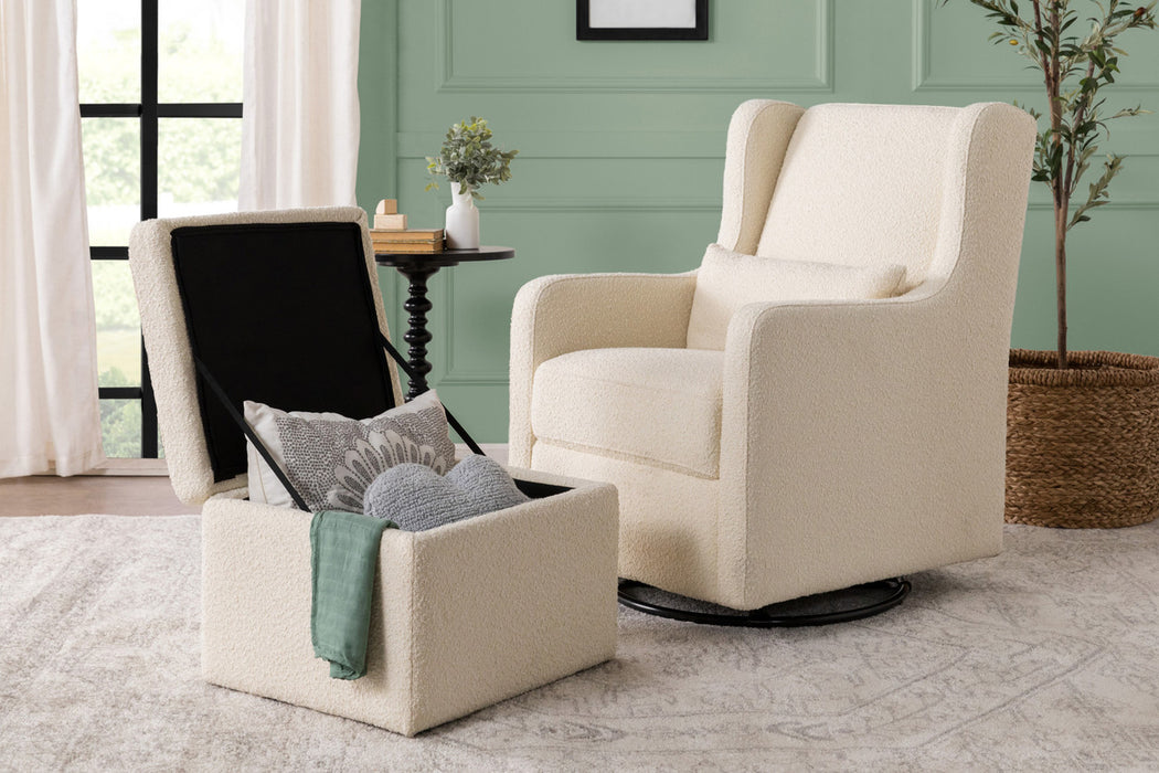 Davinci Adrian Swivel Glider with Storage Ottoman in Ivory Boucle