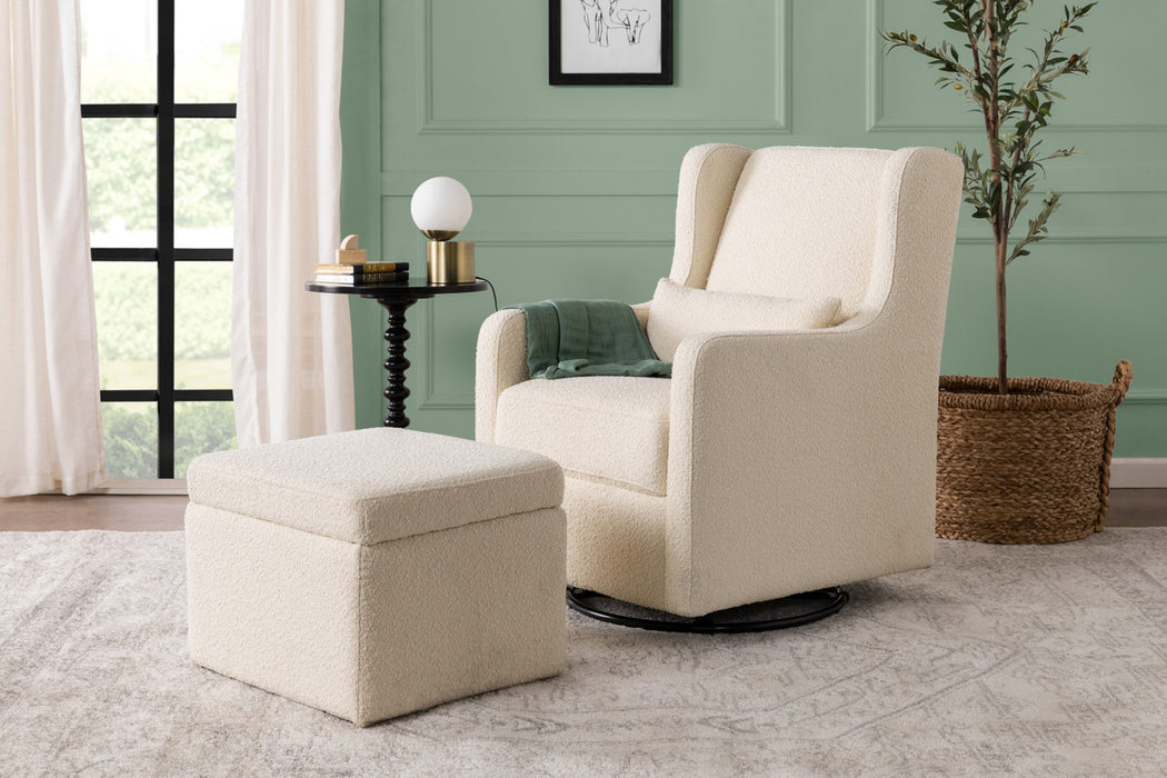 Davinci Adrian Swivel Glider with Storage Ottoman in Ivory Boucle