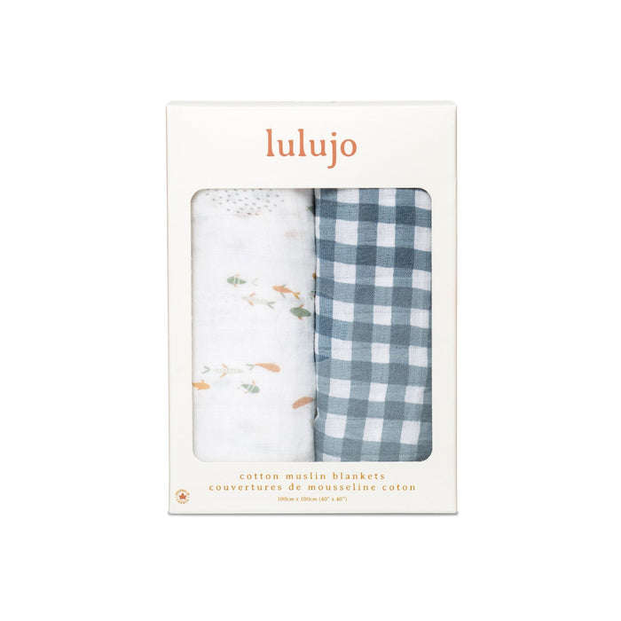 Lulujo Cotton Swaddle Blanket 2-Pack, Navy Gingham & Fish