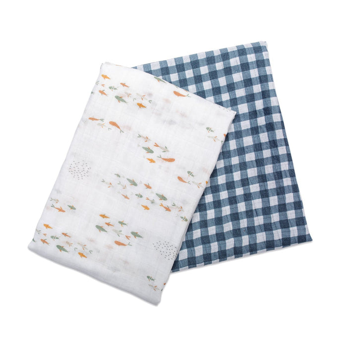 Lulujo Cotton Swaddle Blanket 2-Pack, Navy Gingham & Fish