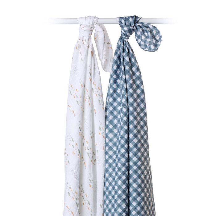 Lulujo Cotton Swaddle Blanket 2-Pack, Navy Gingham & Fish