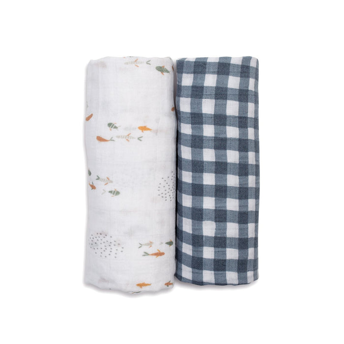 Lulujo Cotton Swaddle Blanket 2-Pack, Navy Gingham & Fish