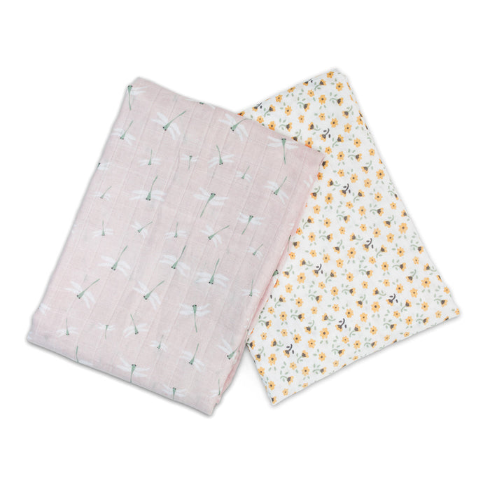 Lulujo Cotton Swaddle Blanket 2-Pack, Vintage Floral & Dragonfly