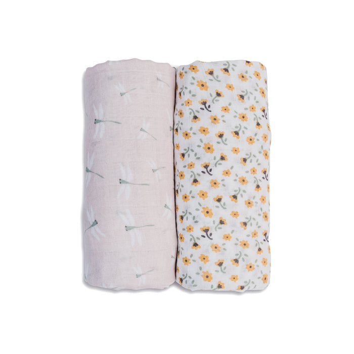 Lulujo Cotton Swaddle Blanket 2-Pack, Vintage Floral & Dragonfly