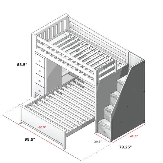 Jackpot Kids Oxford 1 All-In-One Twin Loft Bed with Staircase, Storage & Full Bed