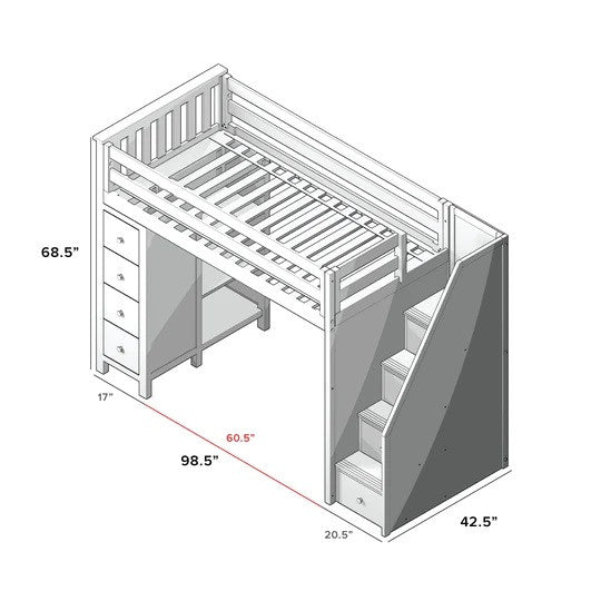 Jackpot Kids Oxford All-In-One Twin Loft Bed with Staircase & Storage