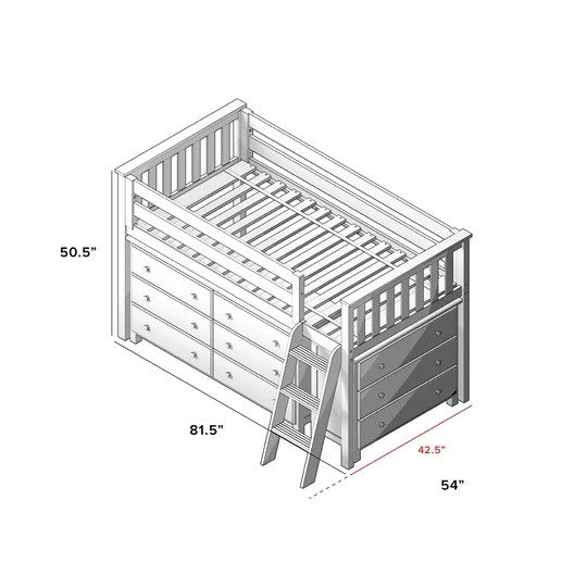 Jackpot Kids Windsor 1 Twin Low Loft Bed with 6-Drawer & 3-Drawer Dressers