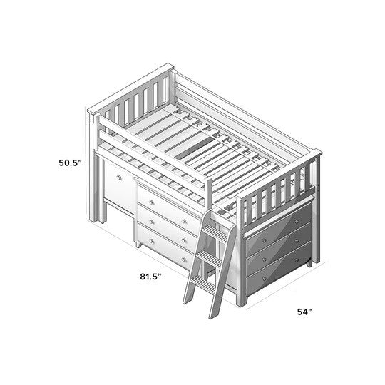 Jackpot Kids Windsor 3 Twin Low Loft Bed with Dual Dressers, Bookcase & Pull-Out Desk