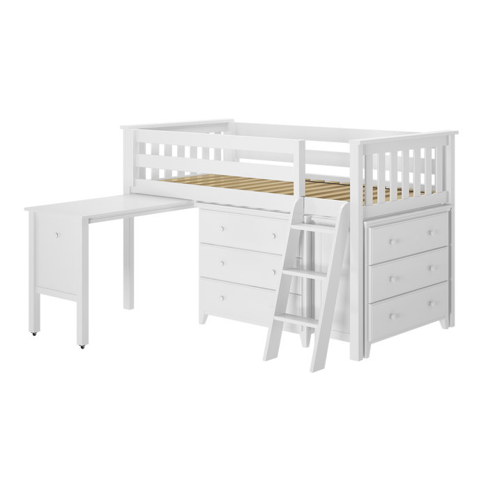 Jackpot Kids Windsor 3 Twin Low Loft Bed with Dual Dressers, Bookcase & Pull-Out Desk