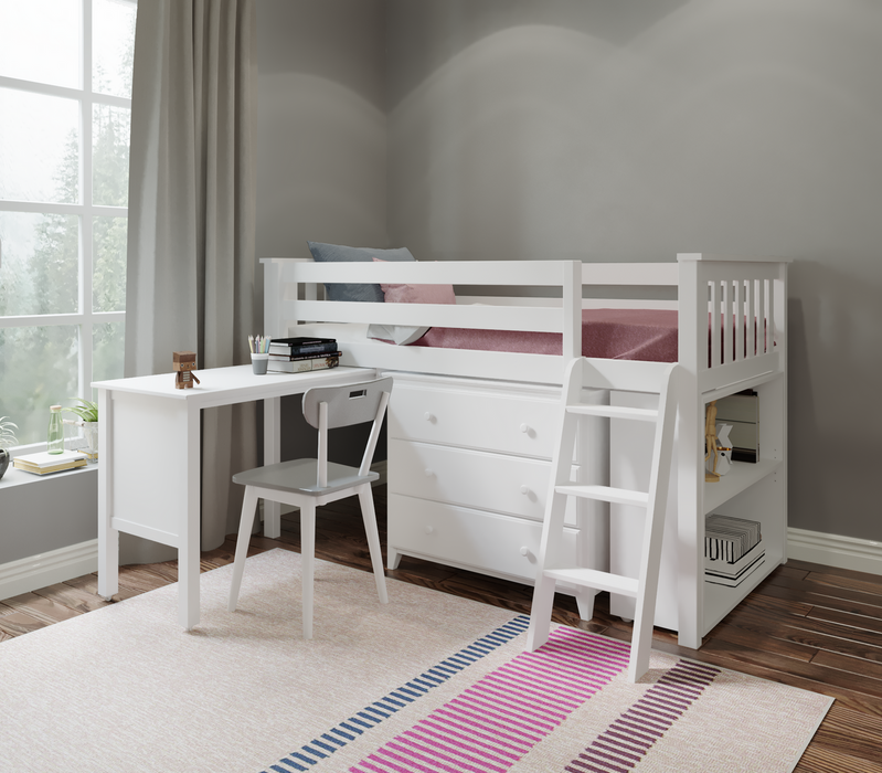 Jackpot Kids Windsor 2 Twin Low Loft Bed with Dresser, Bookcase & Pull-Out Desk