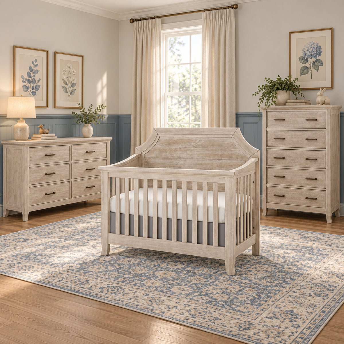 Stella Baby Remi Clip three-piece nursery set in Sugarcoat with crib, dresser and five-drawer chest