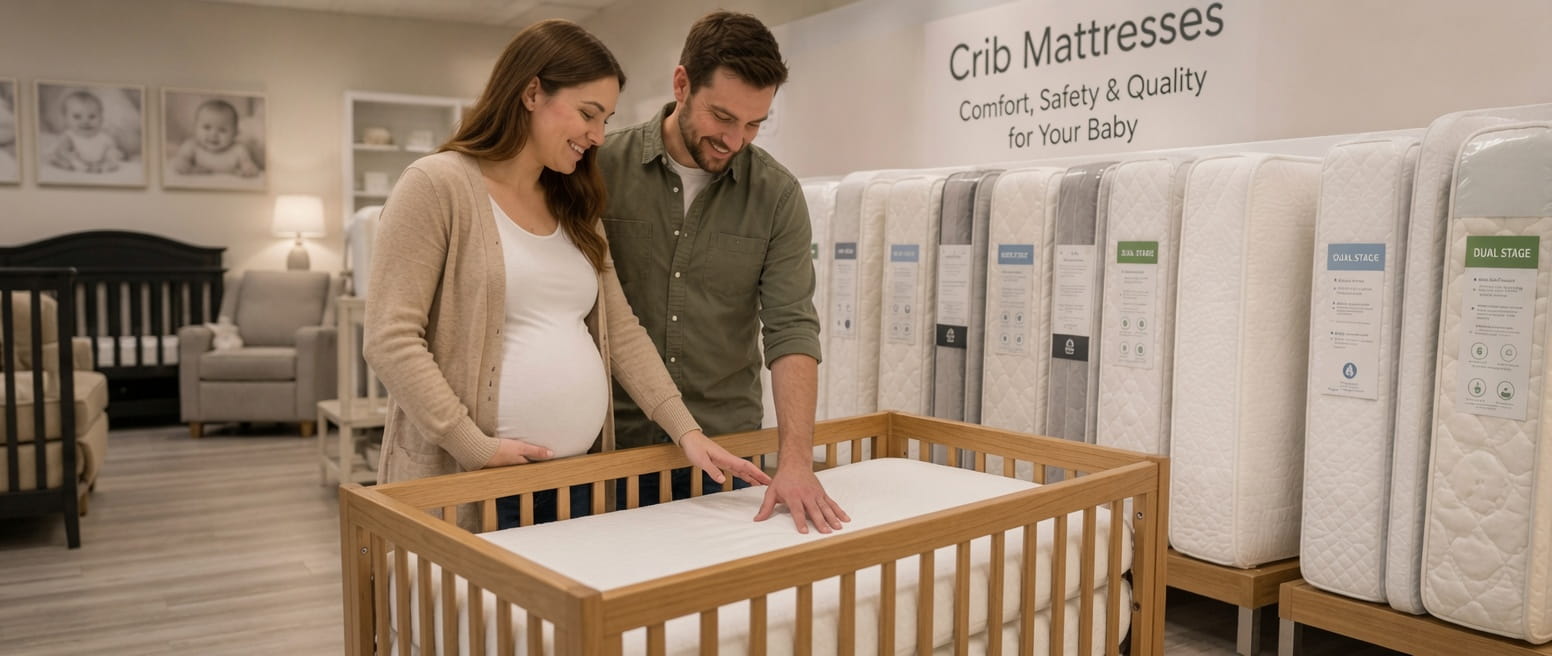 Parents shopping for a crib mattress before baby's arrival