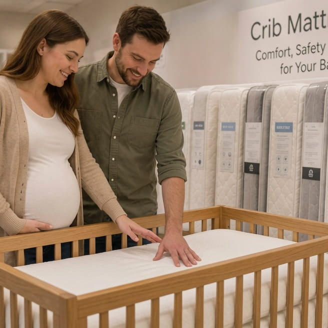 Parents shopping for a crib mattress before baby's arrival