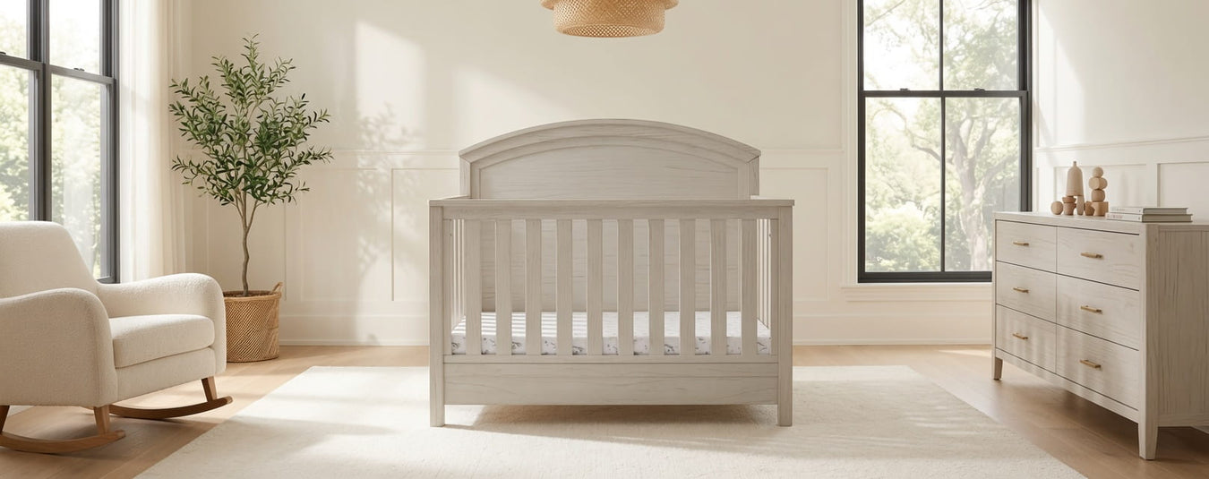 Monogram by Namesake Hemsted Convertible Crib in White Driftwood, shown in a beautiful nursery setting at Kids N Cribs Bay Area