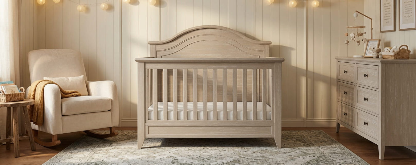 Monogram by Namesake Barrow Arch Convertible Crib in Sandbar, shown in a beautiful nursery setting at Kids N Cribs Bay Area