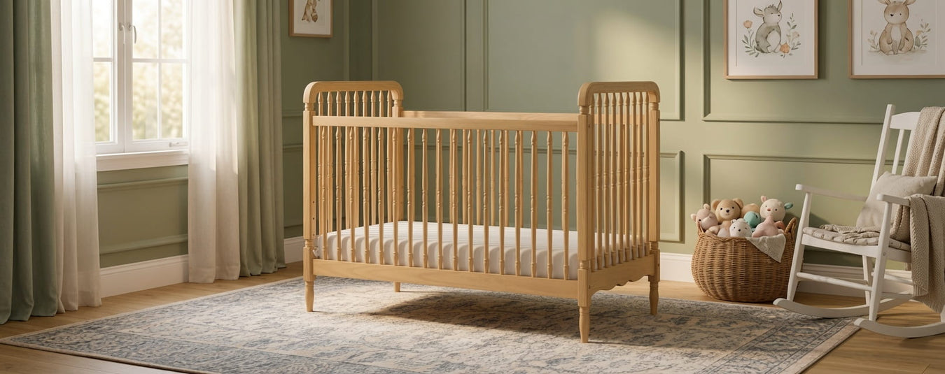 Namesake Liberty Convertible Crib in Honey, shown in a beautiful nursery setting at Kids N Cribs Bay Area
