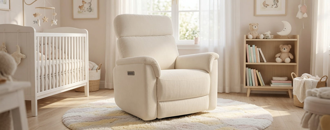 Appleseed Alden Power Recliner in Snow, shown in a beautiful nursery setting at Kids N Cribs Bay Area