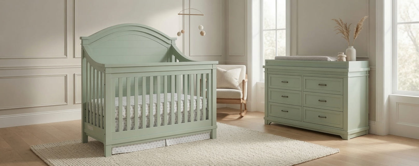Appleseed Rowan Arch Convertible Crib in Sage, shown in a beautiful nursery setting at Kids N Cribs Bay Area