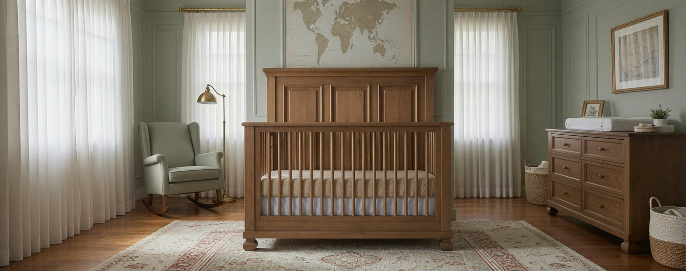 Appleseed Solvang Convertible Crib in Nutmeg, shown in a beautiful nursery setting at Kids N Cribs Bay Area