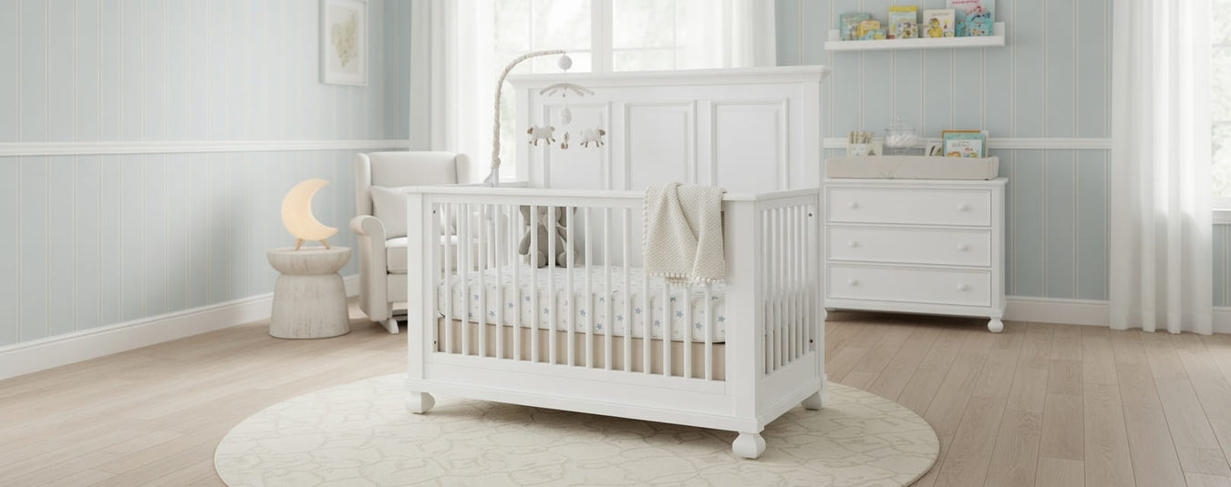 Appleseed Solvang Convertible Crib in White, shown in a beautiful nursery setting at Kids N Cribs Bay Area
