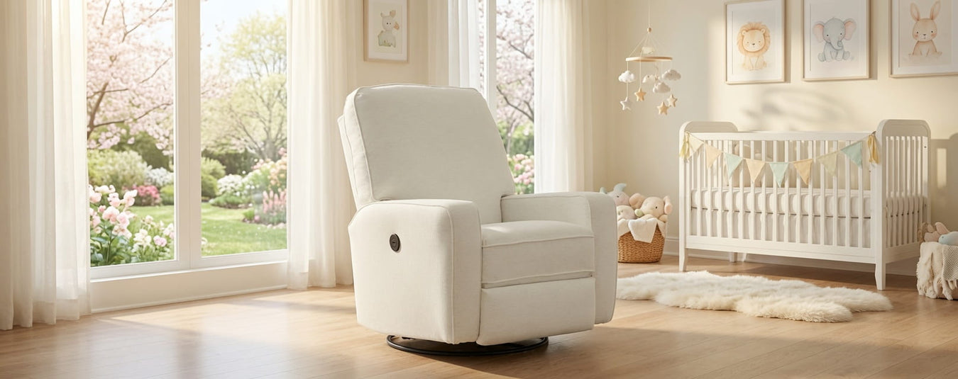Best Chairs Bilana Power Glider Recliner, shown in a beautiful nursery setting at Kids N Cribs Bay Area
