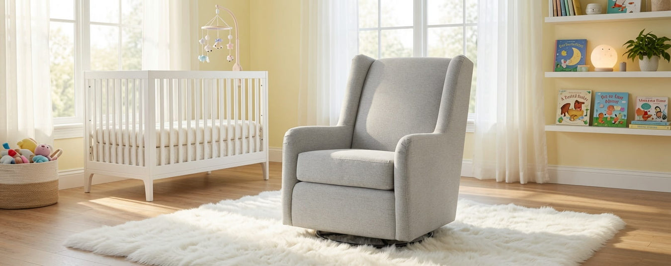 Best Chairs Brianna Swivel Glider Chair, shown in a beautiful nursery setting at Kids N Cribs Bay Area