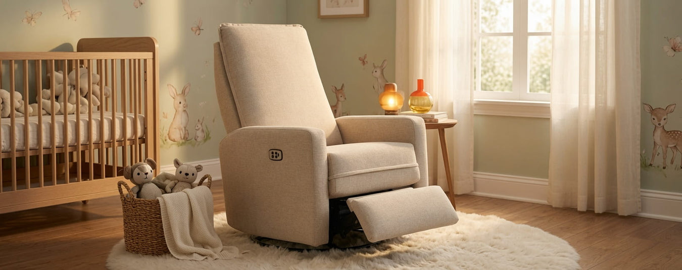 Best Chairs Calli Power Swivel Glider Recliner, shown in a beautiful nursery setting at Kids N Cribs Bay Area